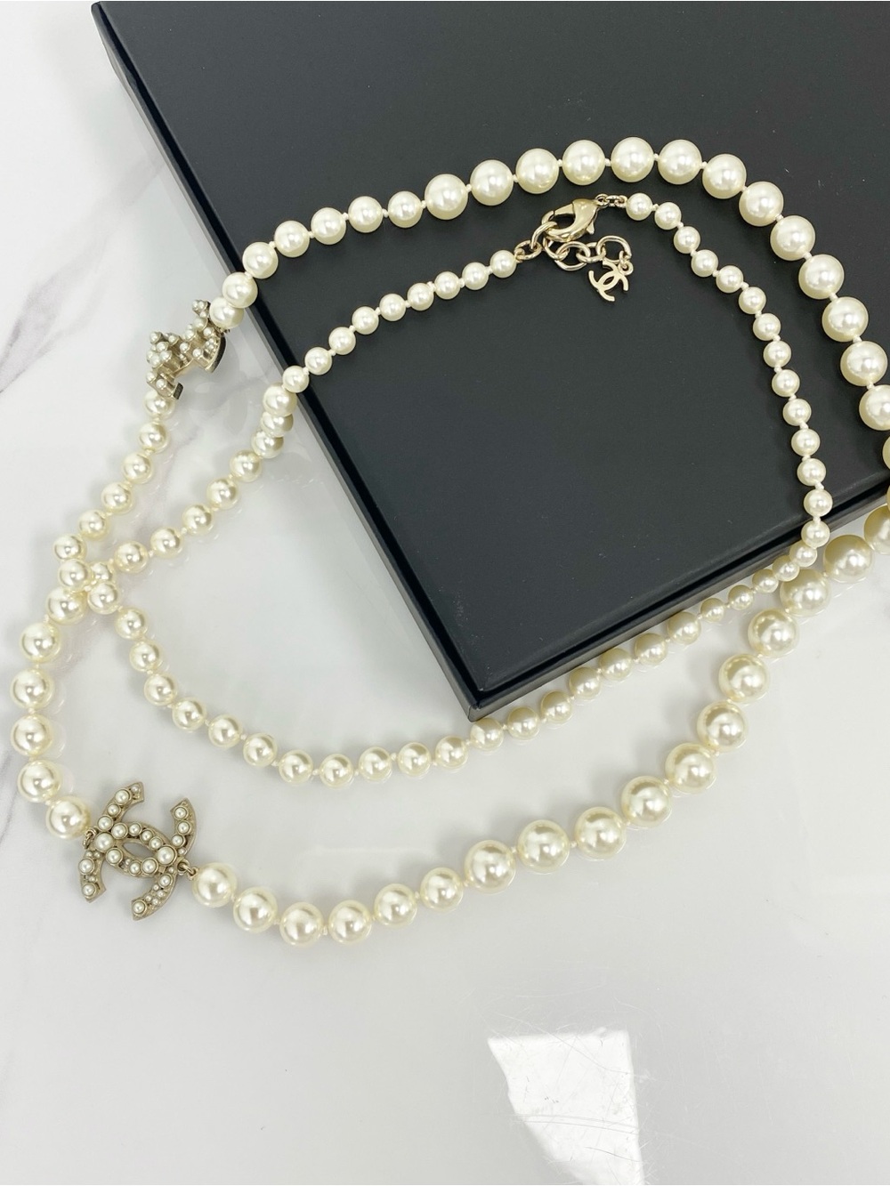 Chanel Classic CC Crystal Double Strand Necklace with Pearl
